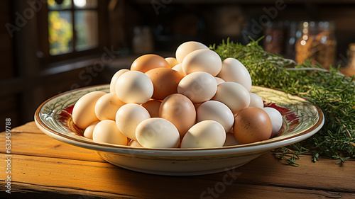 raw chicken eggs on wooden tray, closeup