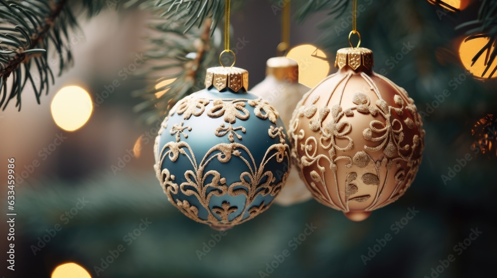 close-up arrangement of Christmas balls, on a Christmas tree branch Christmas card Merry Christmas and Happy New Year background close-up arrangement of Christmas balls, on a Christmas tree branch Christmas card Merry Christmas and Happy New Year background