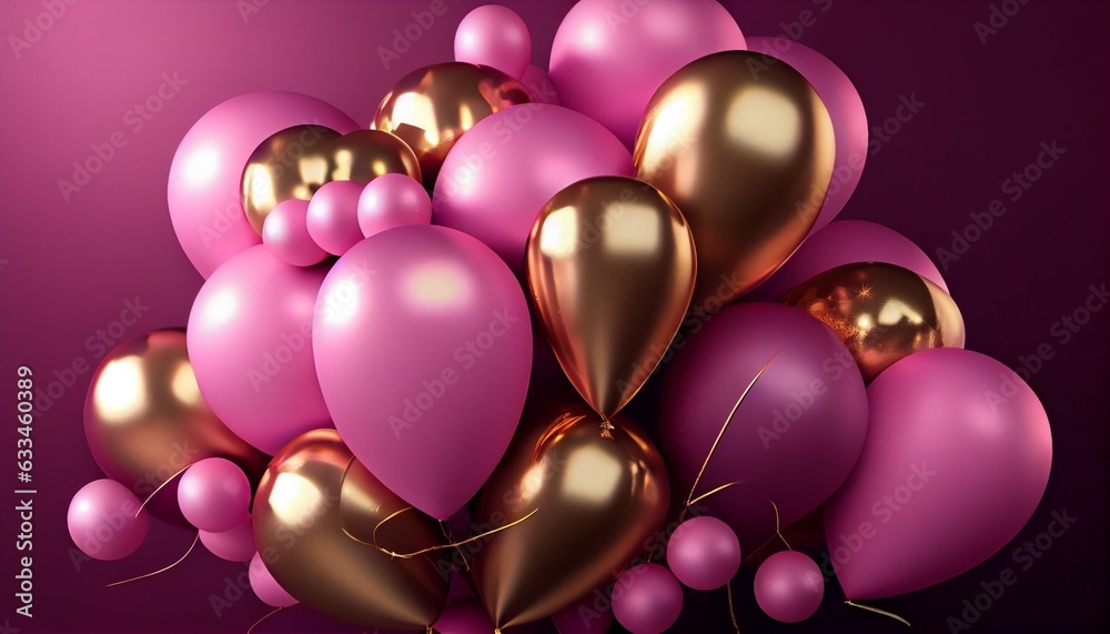 purple and pink balloons and a bunch of shiny pink and golden balloons on a magenta background. Generative in ai