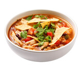 Chicken tortilla soup in bowl, plate isolated on transparent or white background, png