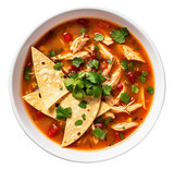 Chicken tortilla soup in bowl, plate isolated on transparent or white background, png