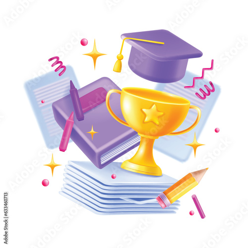 3D graduate cap banner, vector education golden cup, online study concept, school book, pencil. University courses success trophy diploma, college training lesson clipart, papers. Digital 3D education
