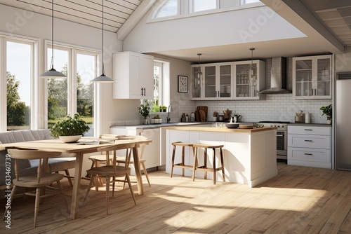 Mockup Of rendering of a farmhousestyle kitchen with a mockup poster frame. © 2rogan