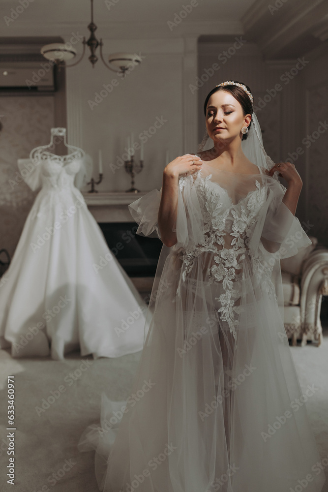 Fototapeta premium a beautiful girl with a wedding hairstyle and a tiara on her head in a transparent robe is preparing for a wedding in a hotel with a royal interior. Long veil, natural light, portrait photo