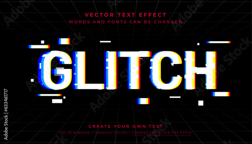 Vector Editable Glitch text effect. Glitch screen typography graphic style on black background