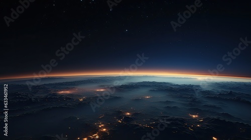Sunrise over planet earth view from space. City lights infrastructure. Illustration for cover, card, postcard, interior design, decor or print. © Login
