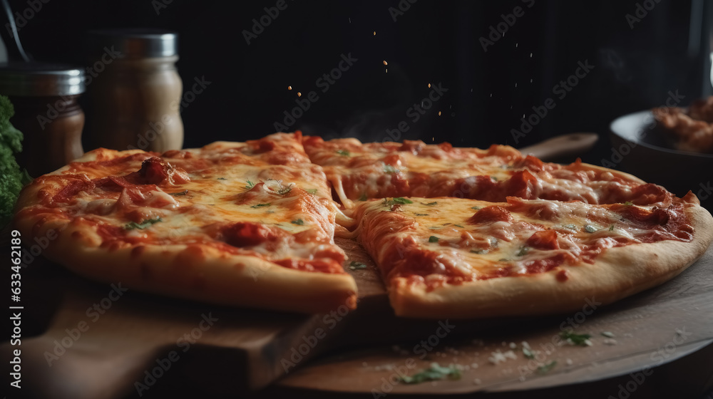 Italian pizza with tomatoes, mozzarella cheese, meat, pepper, fresh basil and spices close up. Italian pizza with tomatoes, mozzarella cheese, meat, pepper, fresh basil and spices close up.