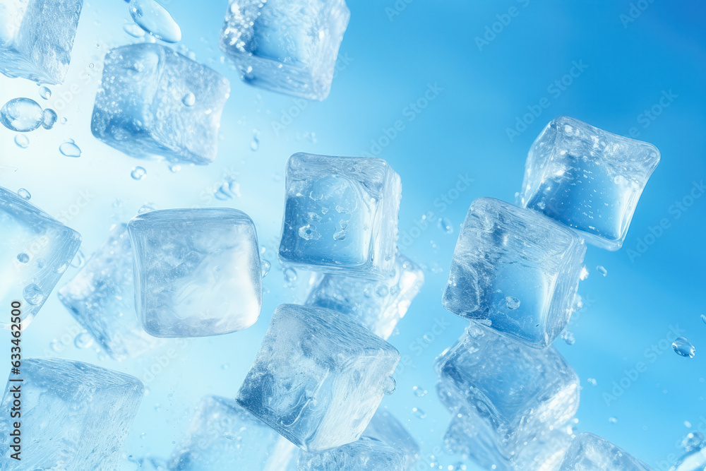 Transparent ice cubes for drinks take off with splashes of water against the blue sky. 