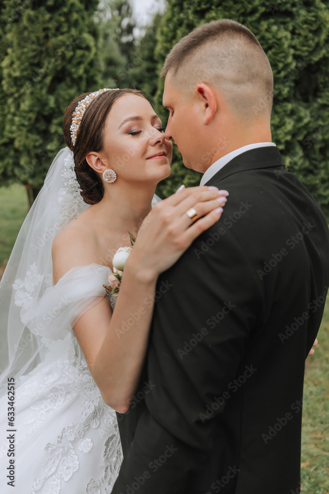 Groom and bride kissing in the park. a couple of newlyweds, the bride and groom, at a wedding in nature, a green forest, kissing, photo portrait. Wedding couple Groom and bride kissing in the park. a couple of newlyweds, the bride and groom, at a wedding in nature, a green forest, kissing, photo portrait. Wedding couple