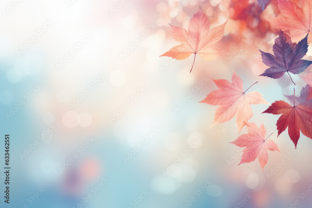 Falling autumn multicolored maple foliage on pastel defocused background. Natural backgdrop with bokeh and copy space. Falling autumn multicolored maple foliage on pastel defocused background. Natural backgdrop with bokeh and copy space.