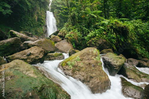 View of the lush vegetation and rushing water of Trafalgar Falls on the Caribbean Island of Dominica in Morne Trois Pitons National Park; Dominica, Caribbean photo