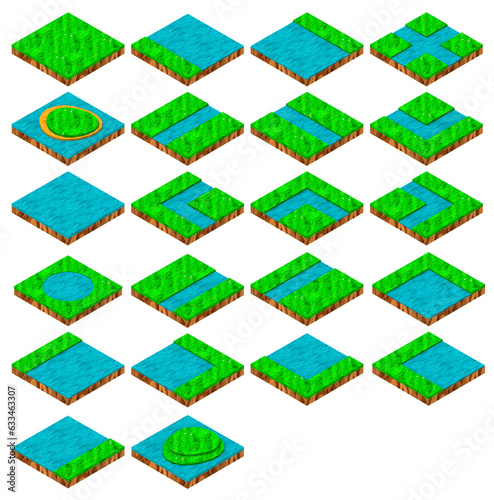 Isolated 3d render illustration of isometric game grass and lawn ground parts with river and islands, various types.