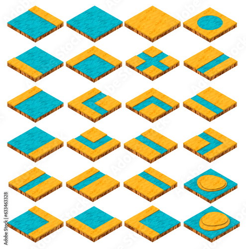 Isolated 3d render illustration of isometric game sand ground parts with river and islands, various types.