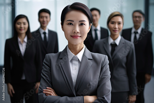 Portrait of a beatifull smiling asian businesswomen boss in a suit standing in his modern business company office. his workers standing in the blurry background, generative ai