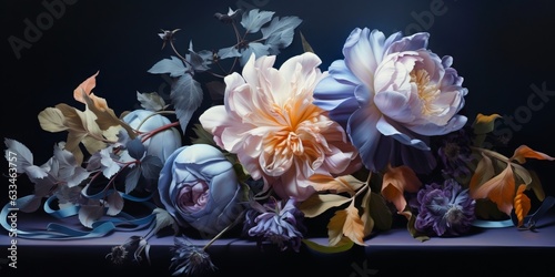 bodegón naturaleza muerta de flores en tonos frios, invitación de boda coquette, oleo de flores estilo barroco  photo