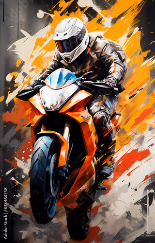 A motorcyclist rides behind the wheel of a graffiti-style sports motorcycle.