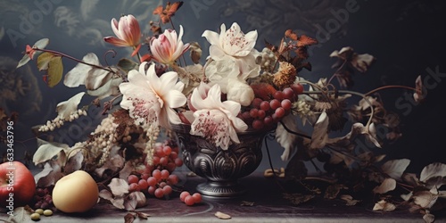 Bodegón naturaleza muerta estilo barroco renacentista, fondo para restaurantes de lujo o catering de bodas, jarrón con flores secas y fruta  photo
