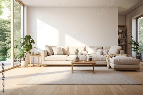 The living room in a modern house or apartment has a carpet and sofa placed near a white wall. The space is brightly lit  with a parquet floor. This description is created using rendering techniques