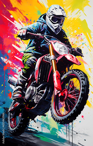 A motorcyclist rides behind the wheel of a graffiti-style sports motorcycle.