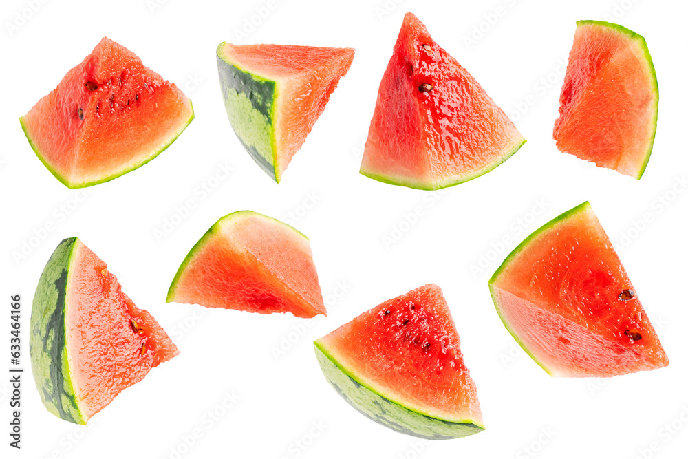 Set or collection of slices of juicy pulpy sweet ripe watermelon edible fruit in triangle shape isolated on white background consumed raw, as ingredient in mixed fruit salads, or as juice in cocktails Set or collection of slices of juicy pulpy sweet ripe watermelon edible fruit in triangle shape isolated on white background consumed raw, as ingredient in mixed fruit salads, or as juice in cocktails