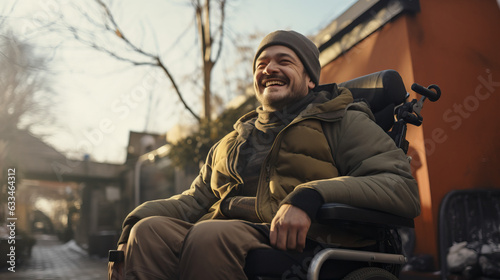 Joyful Man With Disabilities in Wheelchair Wearing a Smile, Delighting in the Autumn Ambiance of City Streets. Concept of Positive Outlook, Inclusivity and Joy, Urban Exploration.