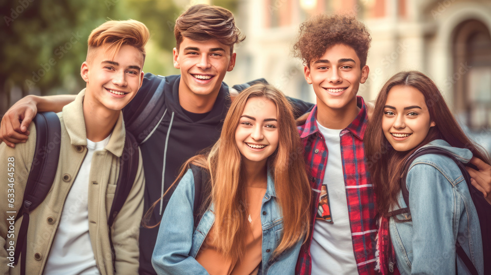 Happy caucasian teenager students looking at camera with blurred school building on background. Back to school. Happy caucasian teenager students looking at camera with blurred school building on background. Back to school.