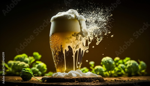 Foamy beer splashing out of glass with swirl, splash, drops and hops on the nature background.Generative AI