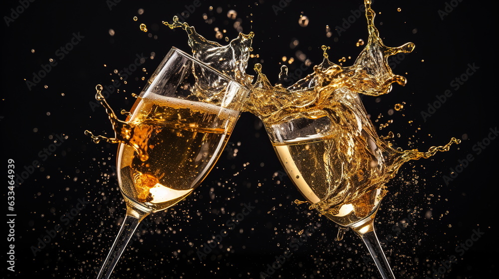 Two glasses of champagne with a splash and drops on a dark background.Generative AI Two glasses of champagne with a splash and drops on a dark background.Generative AI