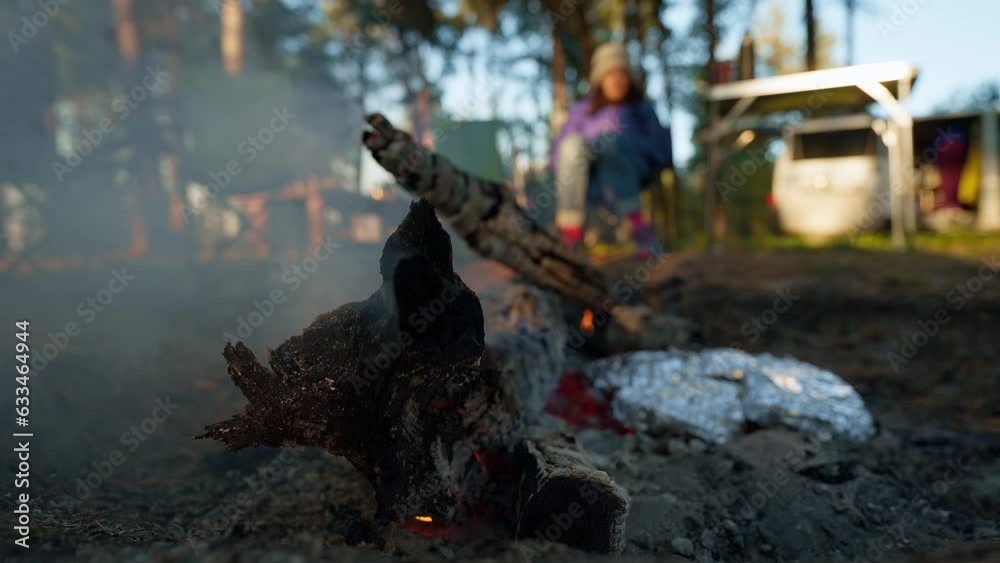 closeup Bonfire Burning with smoke in Forest in Evening. Flaming Campfire. Fireplace in Nature - wide angle Shot, Slow Motion. picnic in woods outdoors closeup Bonfire Burning with smoke in Forest in Evening. Flaming Campfire. Fireplace in Nature - wide angle Shot, Slow Motion. picnic in woods outdoors