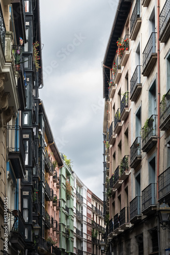 Apartments buildings lining street of Bilbao old town in Spain