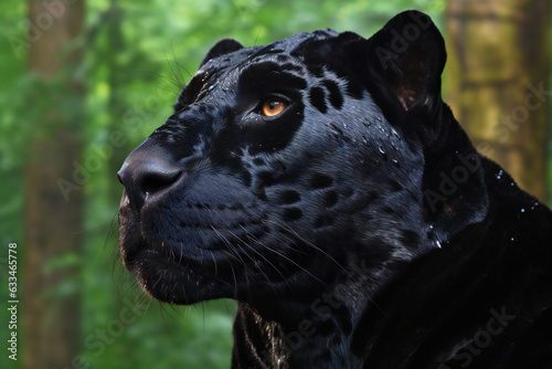 Portrait of a big black jaguar in the forest