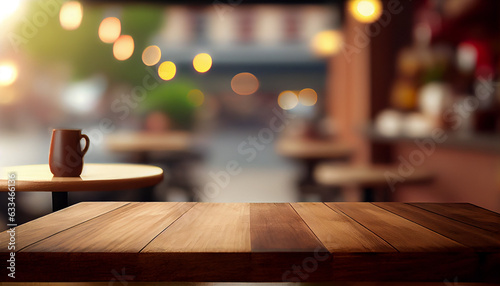 Empty top wooden table and blur with bokeh cafe background. For product display, Ai generated image © TrendyImages