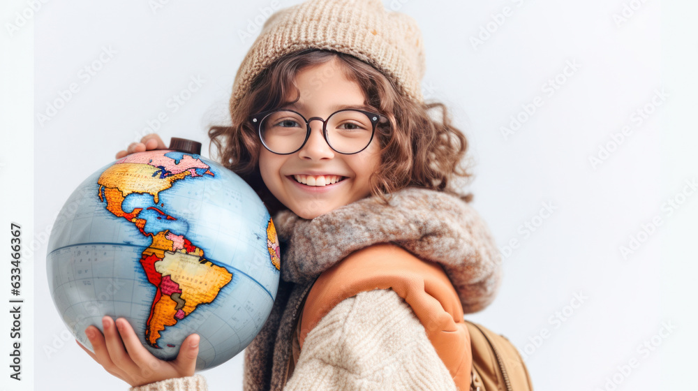 Little girl with backpack and globus looking at camera on white background. Back to school. Little girl with backpack and globus looking at camera on white background. Back to school.