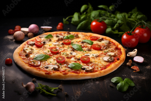 Delicious fresh pizza served on wooden black table, generated with ai