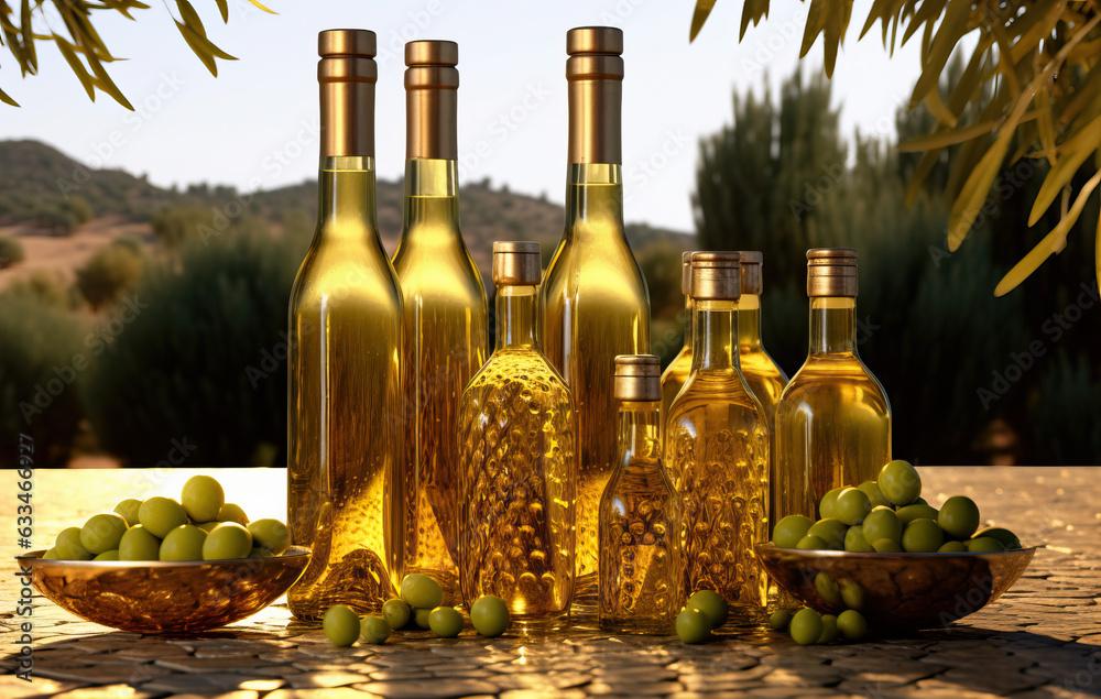Olive oil bottles and olives created with Generative AI technology Olive oil bottles and olives created with Generative AI technology