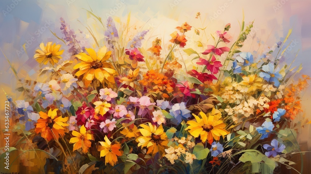 a painting of colorful flowers in a vase on a table. generative ai a painting of colorful flowers in a vase on a table. generative ai