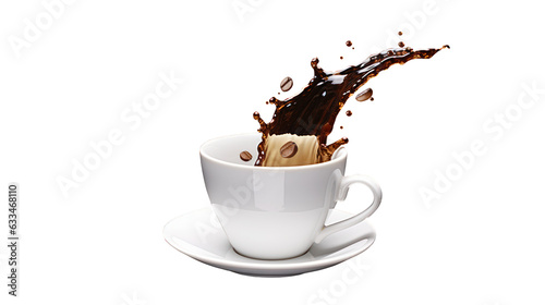 Cup of coffee with a splash drop fly with saucer on transparent background