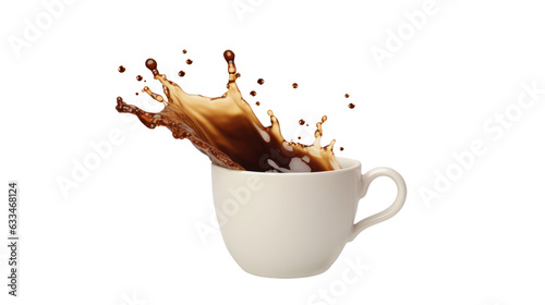 Cup of coffee with a splash drop fly with saucer on transparent background