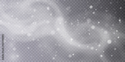 White snowflakes are flying in the air. Heavy snowfall on transparent vector background.
