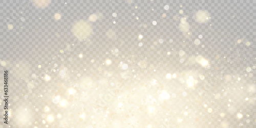  Gold dust light bokeh. Christmas glowing bokeh and glitter overlay texture for your design on a transparent background. Golden particles abstract vector background.