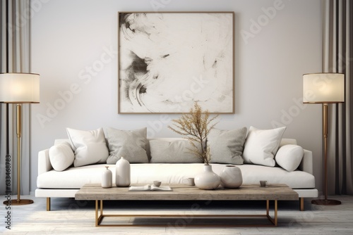 Contemporary, timeless white interior design featuring a sofa, lamps, and stylish decor. A rendered illustration showcasing the mockup.