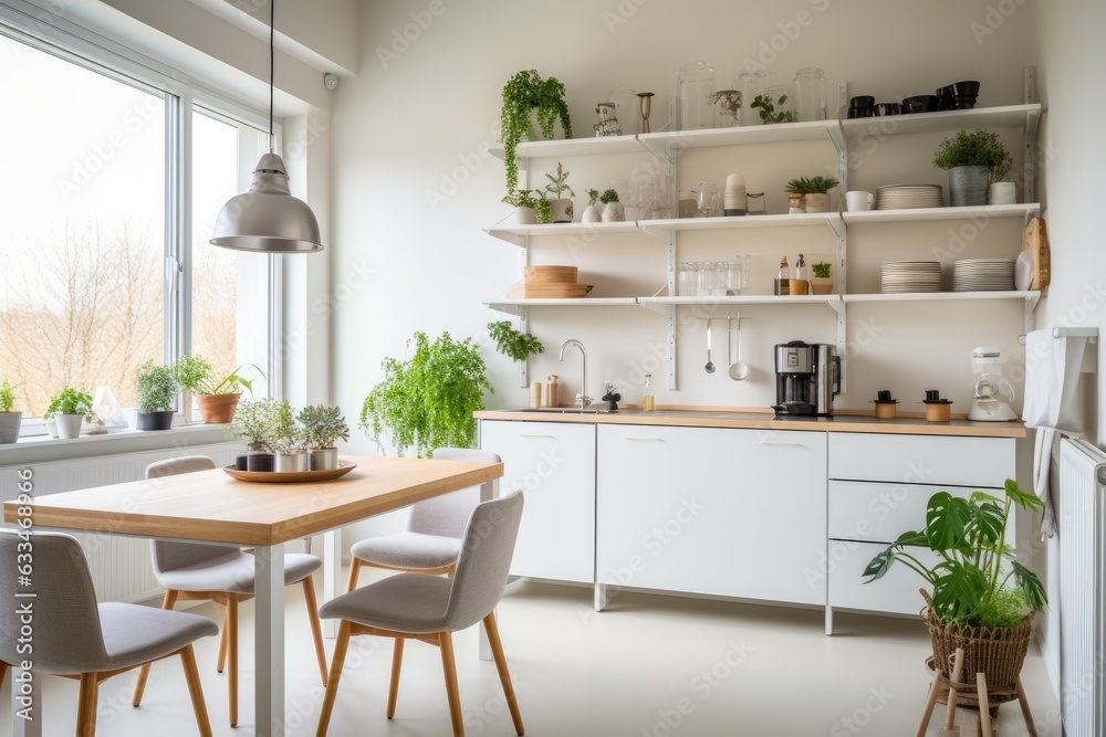 Minimal cozy light home style, Scandinavian interior after renovation, featuring white furniture and simple yet functional kitchenware. The shelves are adorned with an assortment of crockery Minimal cozy light home style, Scandinavian interior after renovation, featuring white furniture and simple yet functional kitchenware. The shelves are adorned with an assortment of crockery