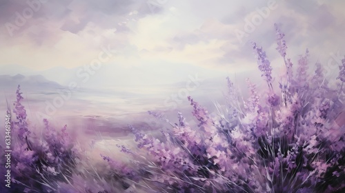  a painting of purple flowers in a field with mountains in the background. generative ai