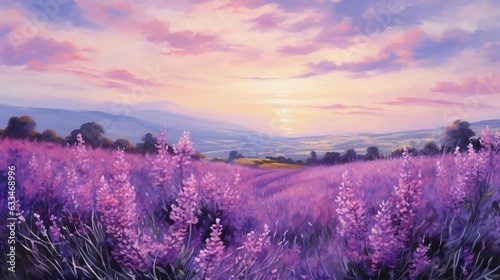  a painting of a lavender field with a sunset in the background. generative ai