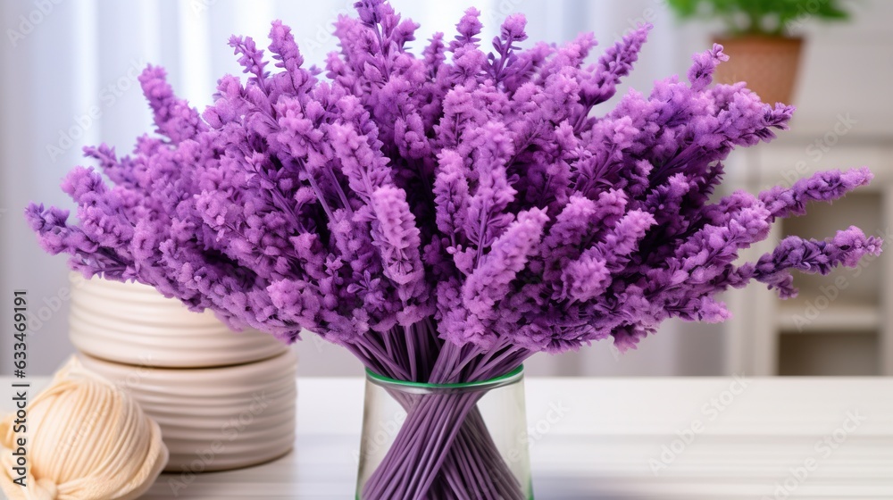 a vase filled with purple flowers next to a ball of yarn. generative ai a vase filled with purple flowers next to a ball of yarn. generative ai