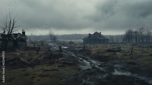 Abandoned battlefields on a cold and foggy day, during first WW. Created using Generative AI technology.