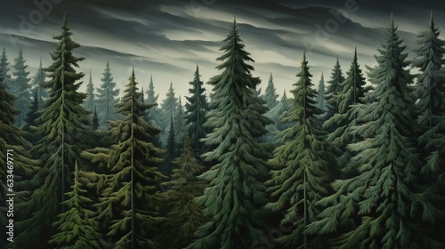  a painting of a forest filled with tall pine trees under a cloudy sky. generative ai