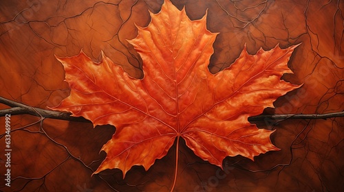  a painting of a maple leaf on a brown background with branches. generative ai