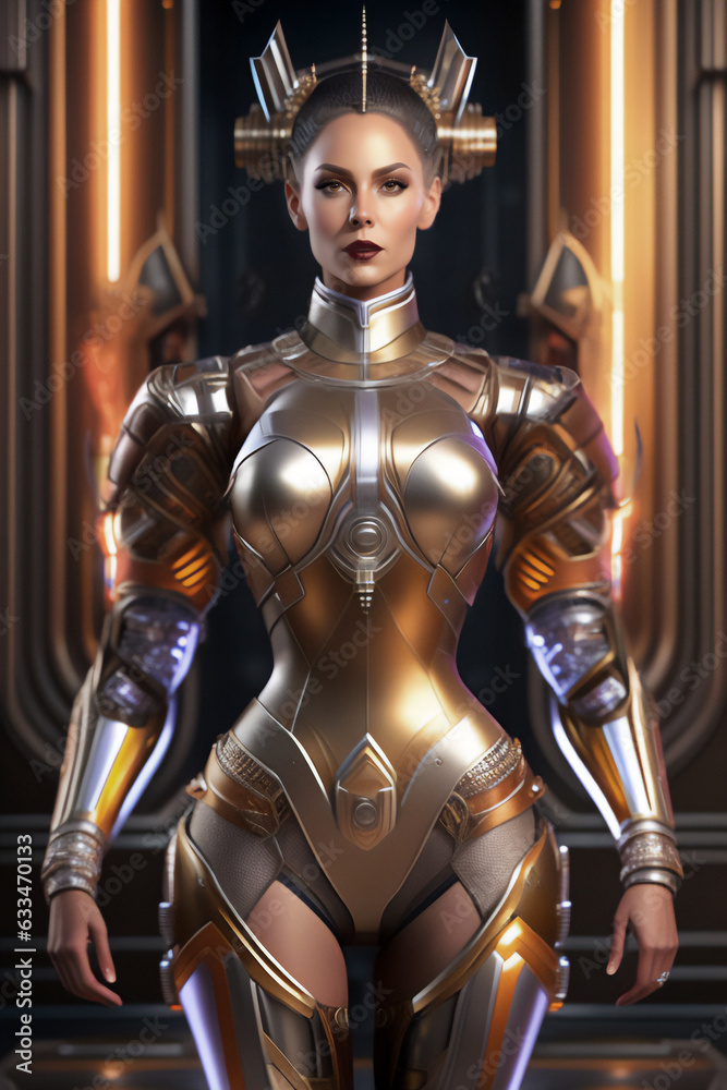 Obraz premium A beautiful cyborg queen with red lipstick in the throne room. Generative AI_3.