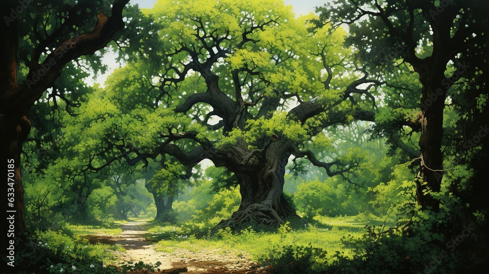 a painting of a tree in a forest with a dirt path. generative ai a painting of a tree in a forest with a dirt path. generative ai